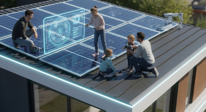 A family interacts with a holographic display on a rooftop covered in solar panels, showcasing renewable energy technology. - Powered by Adobe