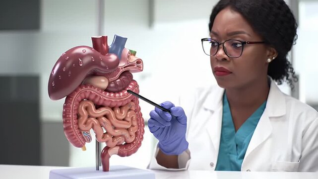 Female Doctor in White Coat Explains Human Digestive System Anatomy Model in Laboratory Setting
