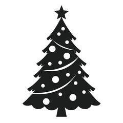 Fototapeta premium Simple black silhouette of a decorated christmas tree with a star topper and white ornaments on a white background