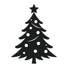 Simple black silhouette of a decorated christmas tree with a star topper and ornaments on a white background
