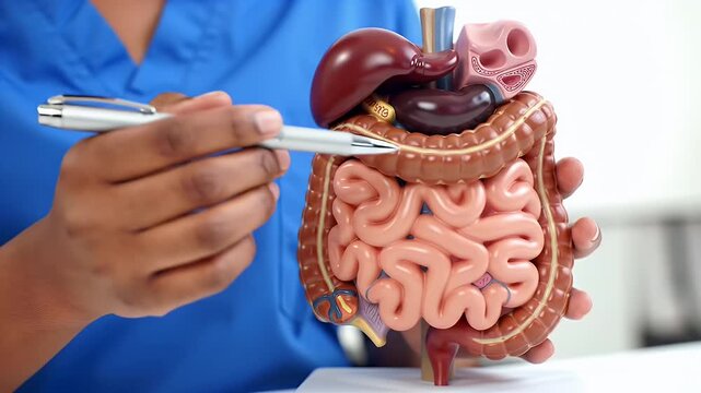 Human Digestive System Model Displayed by Medical Professional in Blue Scrubs