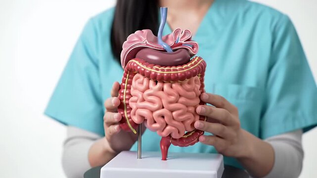 Medical Professional Displaying a Detailed Colorful Anatomical Model of the Human Digestive System in a Studio Setting