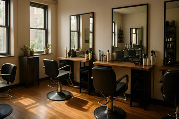 A clean and modern hair salon interior features styling stations with mirrors, chairs, and products