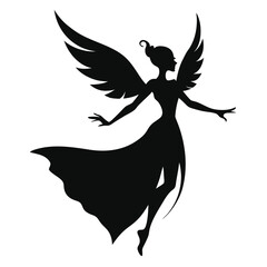 Elegant black silhouette of a winged angelic figure with flowing gown and graceful pose