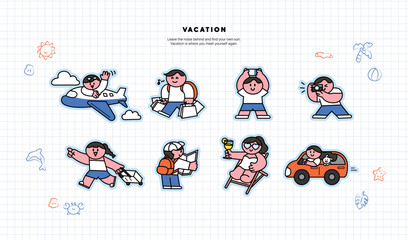 Character illustration stickers for people going on summer vacation