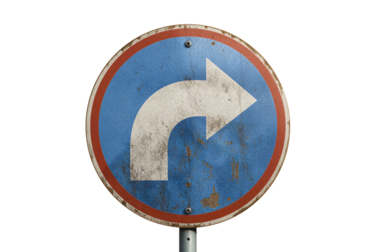 Rusty curve road sign, weathered, outdoor, direction, isolated