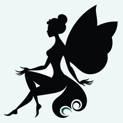 Elegant silhouette of a sitting fairy with large wings and flowing hair evoking mystical and enchanted themes