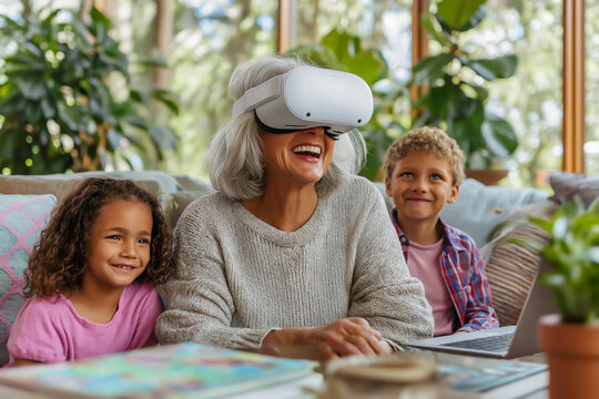 Grandmother Experiencing Virtual Reality with Grandchildren