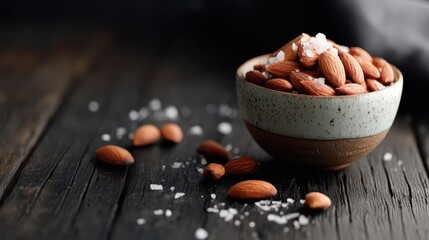 Salted almonds in a ceramic bowl on a dark wooden table.