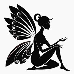 Elegant black silhouette of a mythical fairy with ornate wings sitting gracefully with an open hand evoking magic and fantasy