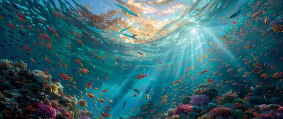 Anamorphic video majestic underwater. Colorful tropical fish swimming gracefully in all directions, sunlight from above shimmering through the water like heaven - Powered by Adobe