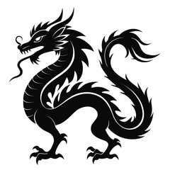 A striking black silhouette of a traditional east dragon depicted in a dynamic pose with intricate scales and a flowing mane perfect for cultural or mythical themes