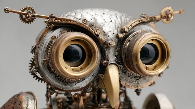 Steampunk Owl Sculpture: Detailed Close-Up of Mechanical Bird Artwork and Design Inspiration