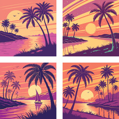 Obraz premium A sunset reflecting on water with neon palm tree shadows.