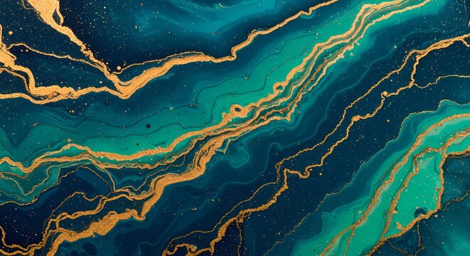 Dynamic abstract fluid art texture in rich blue, teal, and gold. Luxurious marble-like pattern ideal for elegant backgrounds and modern graphic design projects