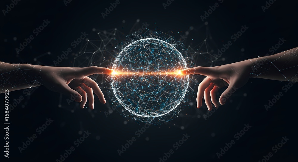 Wall mural humanity's connection to technology, a symbolic touch creating a futuristic global network of artifi