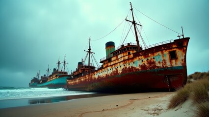 Fototapeta premium Abandoned ships graveyard on sandy beach