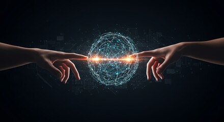 Human connection and digital communication symbolized by two hands reaching towards a glowing orb of light