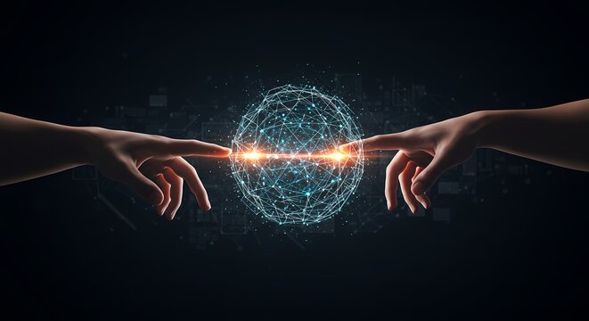 Human connection and digital communication symbolized by two hands reaching towards a glowing orb of light