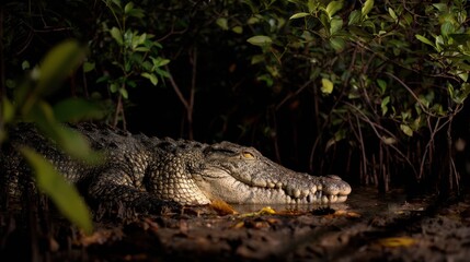 Obraz premium Salty Crocodile Resting Peacefully in Mangrove Shadows Under Ambient Dark Light During Twilight Hours