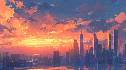 Fototapeta premium Fiery Sunset Over City Skyline