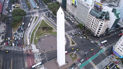 Aerial view of the Obelisk of Buenos Aires and 9 de Julio Avenue in the center of the city. The Obelisk is a symbol of Buenos Aires, is one of the most important tourist spots.