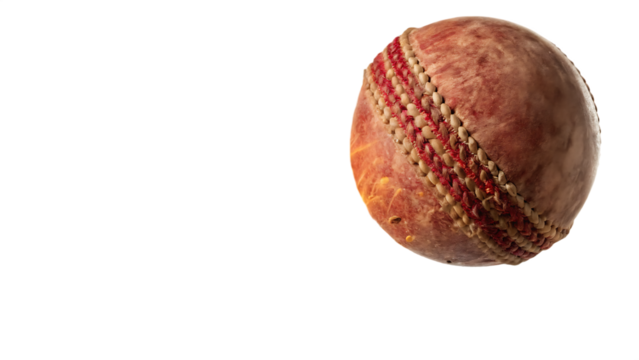 Close up of a red leather cricket ball with visible stitching and a fiery glow emanating from within isolated on a transparent background