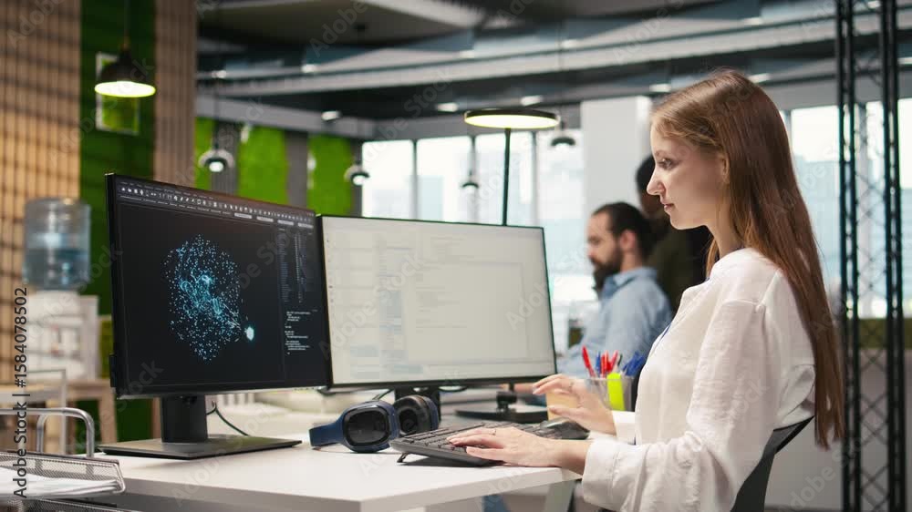 Poster female technician using ai llm chatbot to automate tasks in office. it specialist uses artificial in