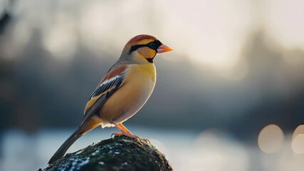A small gold finch, with a red cap, yellow breast and greenish back, sitting serenely by a body of water.