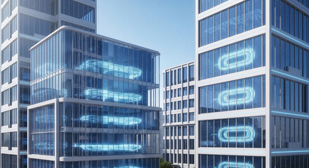 Futuristic glass skyscrapers illuminated with glowing blue chain link symbols, symbolizing digital connectivity and modern urban infrastructure.