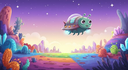Obraz premium Whimsical Alien Landscape with a Cute Flying Spaceship and Vibrant Flora Under a Starry Sky