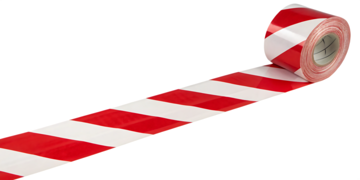 Roll of red and white diagonal striped barrier tape unwound on black background isolated on a transparent background
