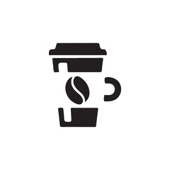 Simple Icon of a Disposable Coffee Cup with Coffee Bean.A black and white icon of a disposable coffee cup with a coffee bean in the center.