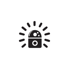 Security camera icon with radiating light.A simple, black and white graphic of a security camera emitting a bright burst of light.