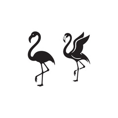 Elegant Black and White Flamingo Silhouette Design.Two stylized flamingo silhouettes, one standing, one with outstretched wings, on a plain white background.