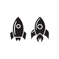 Two simple rocket icons, ready for launch.This image features two black silhouette rocket icons against a pure white background.