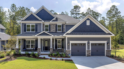 Modern two story house with blue vinyl siding and stone accents, featuring spacious front porch, double garage, and well maintained lawn under bright sky