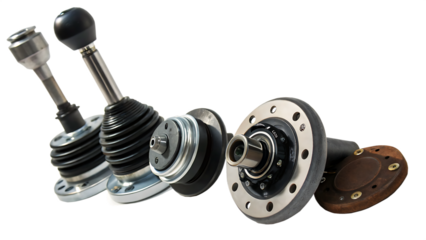 Several automotive spare parts including gear shift levers and drive shafts isolated on a transparent background
