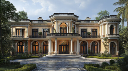 Obraz premium Luxurious mansion with classical architecture features large arched windows, ornate columns, and elegant balconies surrounded by lush greenery under bright sky