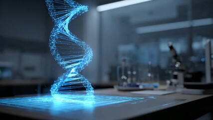 Animated 3D DNA strand rotating on digital screen in futuristic science lab with microscope - Powered by Adobe