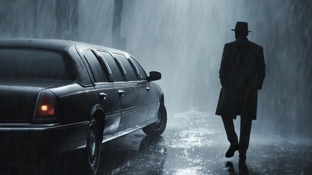 Mysterious man in a hat walking next to a luxurious limousine during a heavy rainstorm in a dark