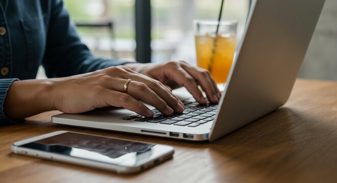 Freelancer Typing on Laptop at a Wooden Table with Smartphone and Iced Drink Nearby