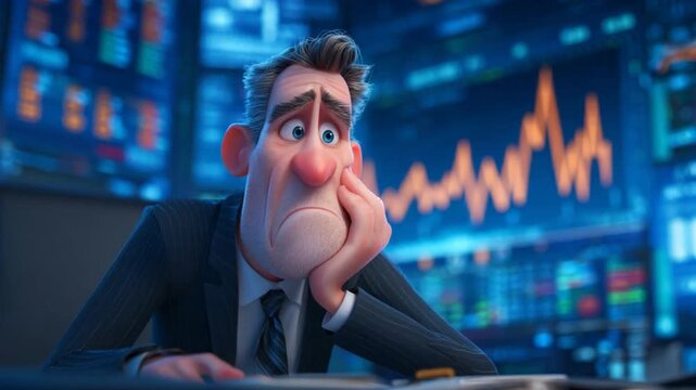 Sad broker watching stock market crash animation background for financial downfall and business