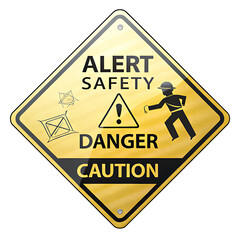 Yellow diamond warning sign with alert safety danger caution text and hazard symbols isolated on a transparent background
