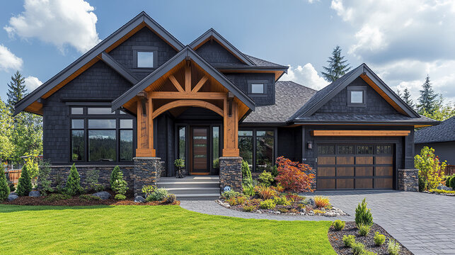 Modern craftsman style house with dark exterior, wooden accents, stone pillars, and well maintained green lawn under partly cloudy sky creating inviting curb appeal