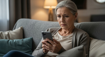 Unhappy older woman sitting on a sofa holding a smartphone is feeling frustrated and worried.