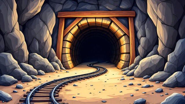 Illustration of mine tunnel with railway track for transporting materials or personnel in the mining industry, surrounded by rocks