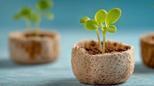 Close up of small green sprouts growing in fiber pots on a blue surface in a bright studio shot