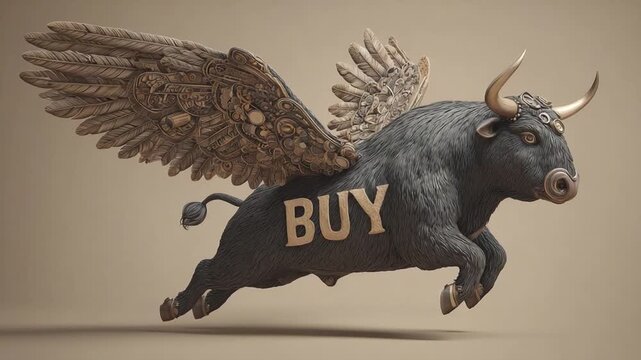 Conceptual depiction of a bull market with winged bulls and "BUY" label to illustrate stock market