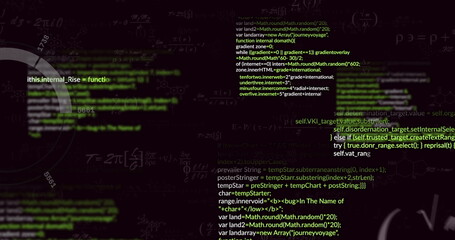 Displaying central JavaScript code block on computer monitor, with mathematical formulas overlaying